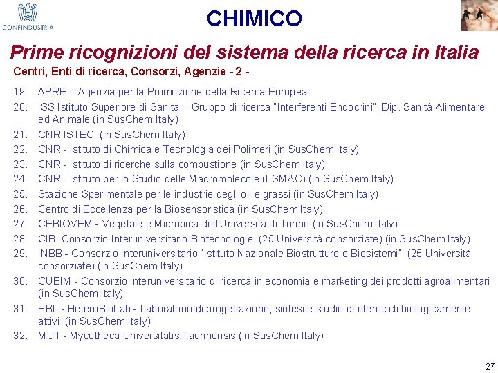 CHIMICO Prime ricognizioni del sistema della ricerca in Italia Centri, Enti di ricerca, Consorzi,