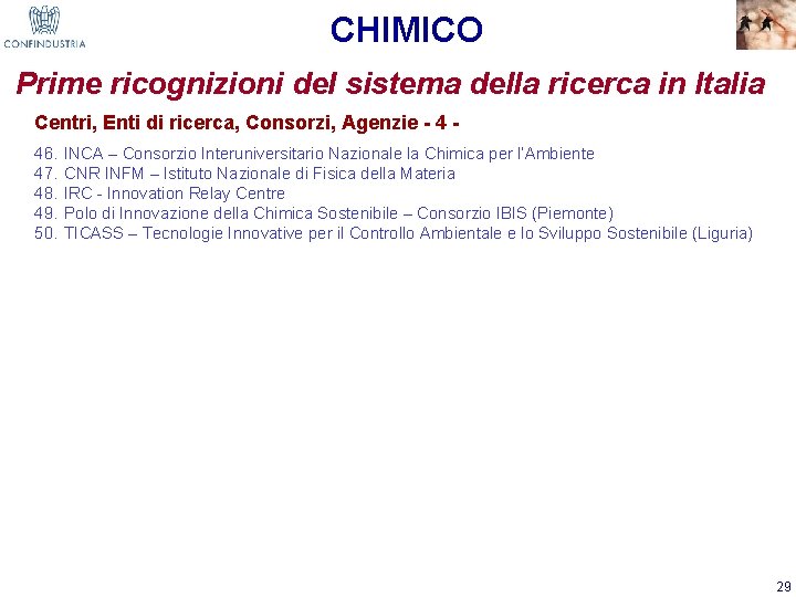 CHIMICO Prime ricognizioni del sistema della ricerca in Italia Centri, Enti di ricerca, Consorzi,