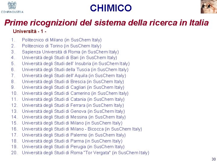 CHIMICO Prime ricognizioni del sistema della ricerca in Italia Università - 1 1. 2.