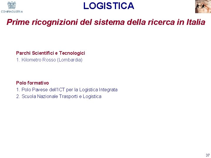 LOGISTICA Prime ricognizioni del sistema della ricerca in Italia Parchi Scientifici e Tecnologici 1.