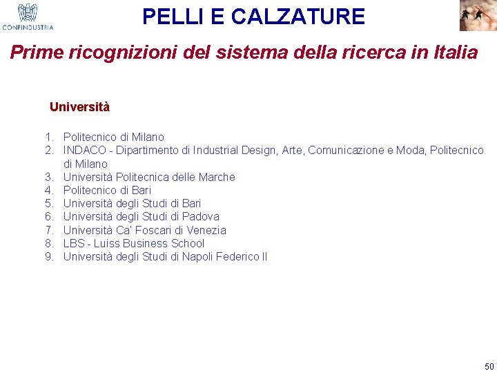 PELLI E CALZATURE Prime ricognizioni del sistema della ricerca in Italia Università 1. Politecnico