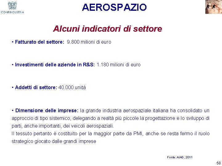 AEROSPAZIO Alcuni indicatori di settore • Fatturato del settore: 9. 800 milioni di euro