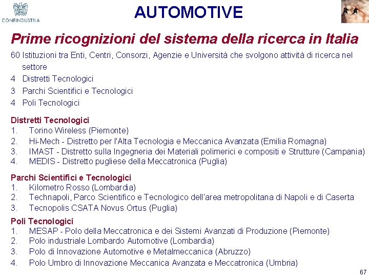 AUTOMOTIVE Prime ricognizioni del sistema della ricerca in Italia 60 Istituzioni tra Enti, Centri,