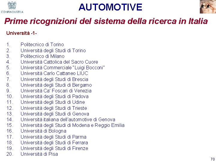 AUTOMOTIVE Prime ricognizioni del sistema della ricerca in Italia Università -1 - 1. 2.