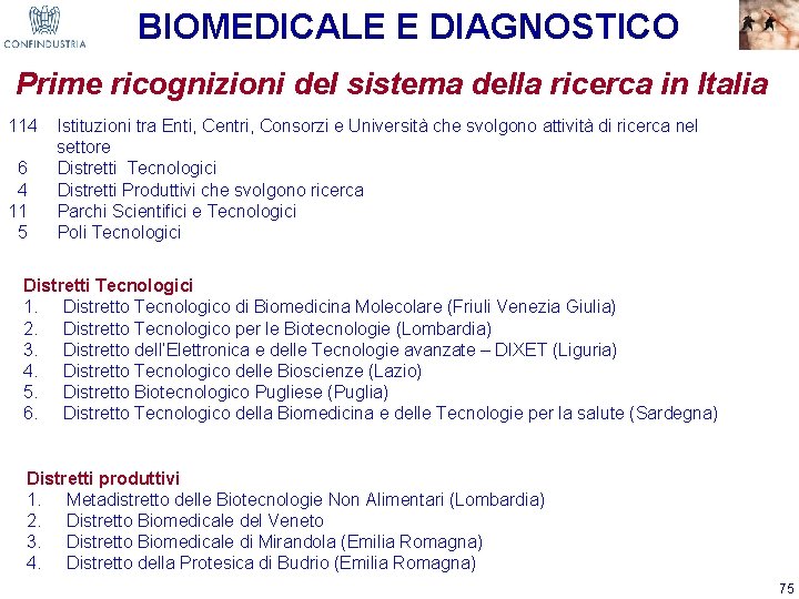 BIOMEDICALE E DIAGNOSTICO Prime ricognizioni del sistema della ricerca in Italia 114 Istituzioni tra