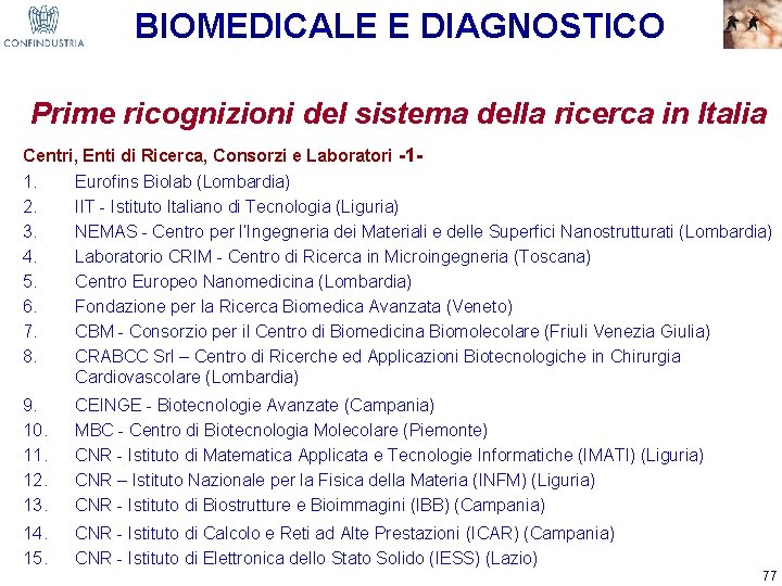 BIOMEDICALE E DIAGNOSTICO Prime ricognizioni del sistema della ricerca in Italia Centri, Enti di