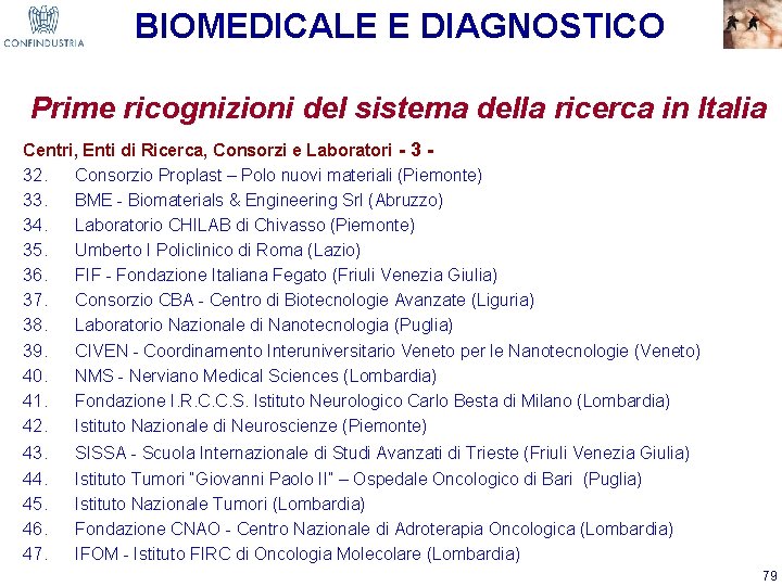 BIOMEDICALE E DIAGNOSTICO Prime ricognizioni del sistema della ricerca in Italia Centri, Enti di