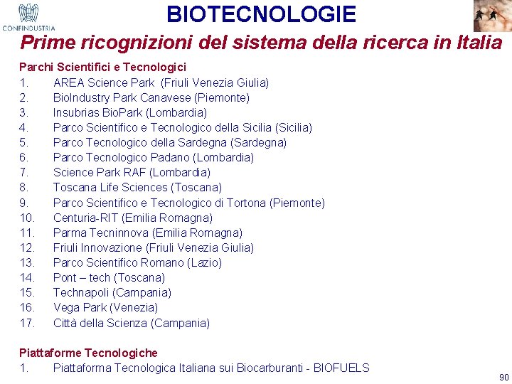 BIOTECNOLOGIE Prime ricognizioni del sistema della ricerca in Italia Parchi Scientifici e Tecnologici 1.