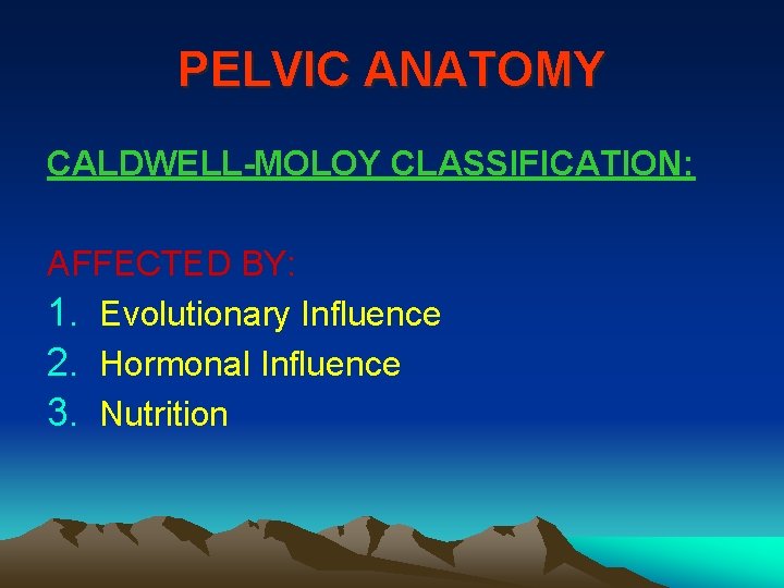 PELVIC ANATOMY CALDWELL-MOLOY CLASSIFICATION: AFFECTED BY: 1. Evolutionary Influence 2. Hormonal Influence 3. Nutrition