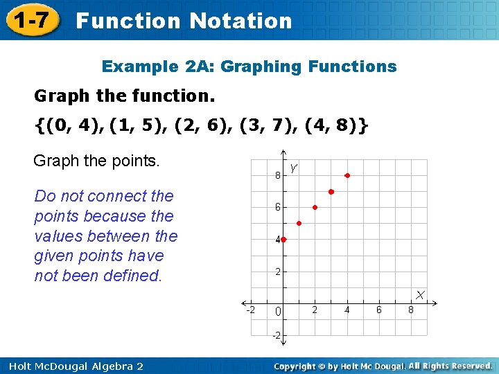 1 -7 Function Notation Example 2 A: Graphing Functions Graph the function. {(0, 4), 1 -7 Function Notation Example 2 A: Graphing Functions Graph the function. {(0, 4),