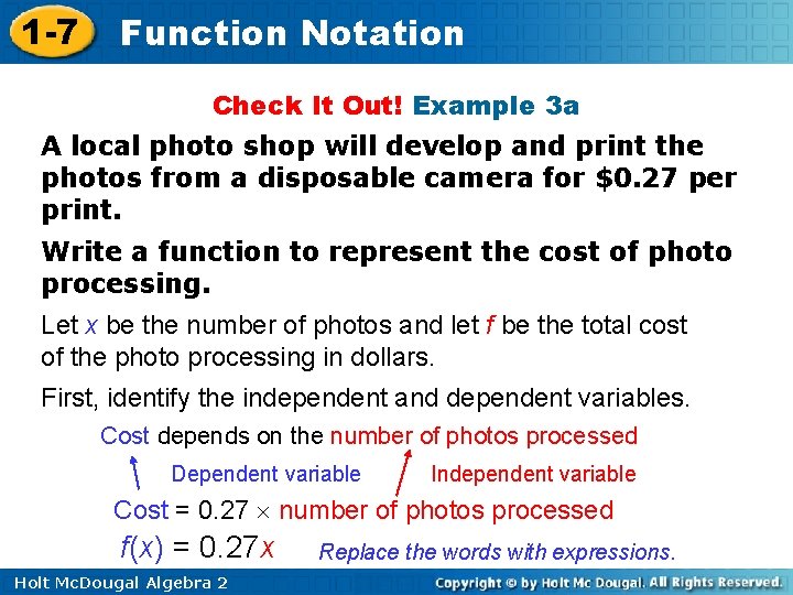 1 -7 Function Notation Check It Out! Example 3 a A local photo shop 1 -7 Function Notation Check It Out! Example 3 a A local photo shop