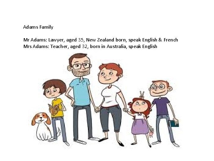 Adams Family Mr Adams: Lawyer, aged 35, New Zealand born, speak English & French