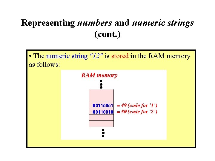 Representing numbers and numeric strings (cont. ) • The numeric string "12" is stored