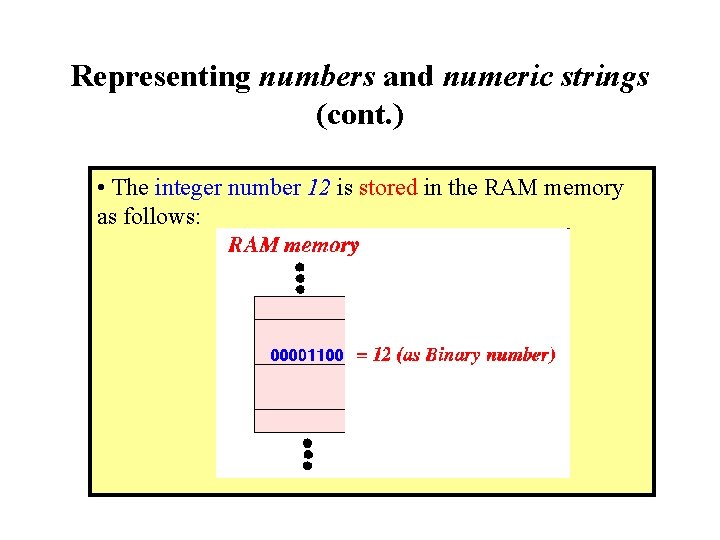 Representing numbers and numeric strings (cont. ) • The integer number 12 is stored