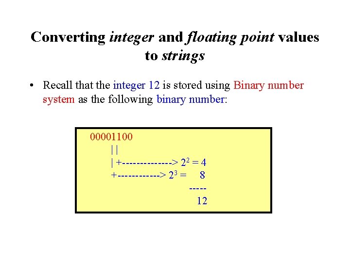 Converting integer and floating point values to strings • Recall that the integer 12