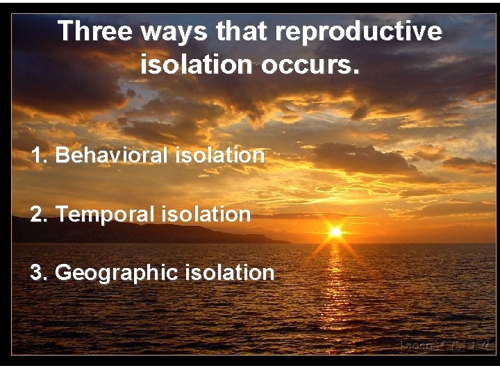 Three ways that reproductive isolation occurs. 1. Behavioral isolation 2. Temporal isolation 3. Geographic