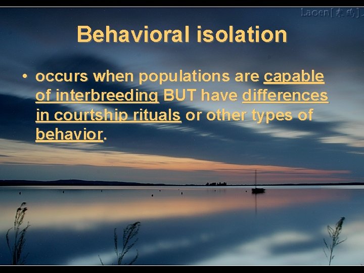 Behavioral isolation • occurs when populations are capable of interbreeding BUT have differences in