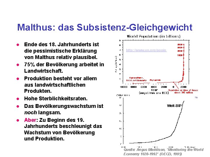 Malthus: das Subsistenz-Gleichgewicht l l l Ende des 18. Jahrhunderts ist die pessimistische Erklärung