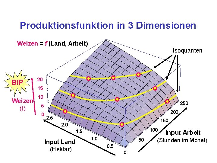 Produktionsfunktion in 3 Dimensionen Weizen = f (Land, Arbeit) Isoquanten BIP Weizen (t) 20
