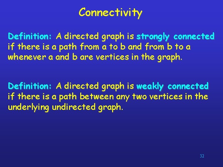 Connectivity Definition: A directed graph is strongly connected if there is a path from
