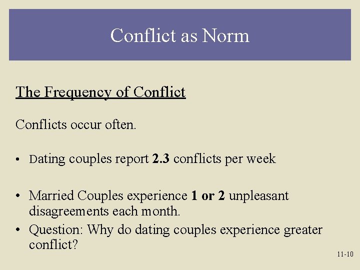 Conflict as Norm The Frequency of Conflicts occur often. • Dating couples report 2.