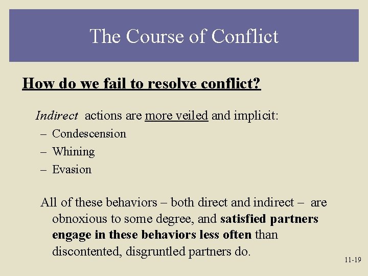 The Course of Conflict How do we fail to resolve conflict? Indirect actions are