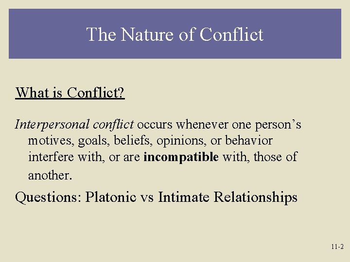 The Nature of Conflict What is Conflict? Interpersonal conflict occurs whenever one person’s motives,