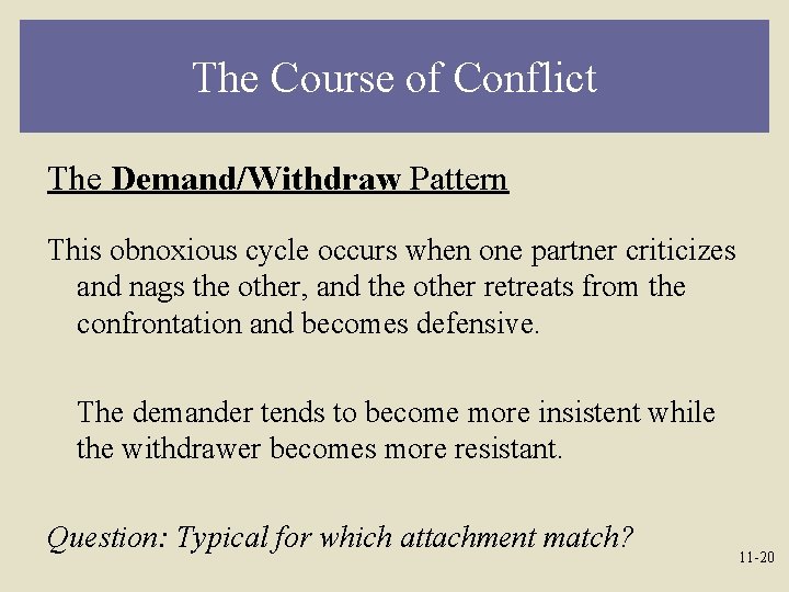 The Course of Conflict The Demand/Withdraw Pattern This obnoxious cycle occurs when one partner