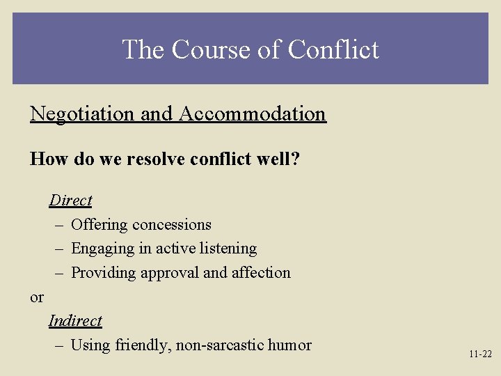 The Course of Conflict Negotiation and Accommodation How do we resolve conflict well? Direct