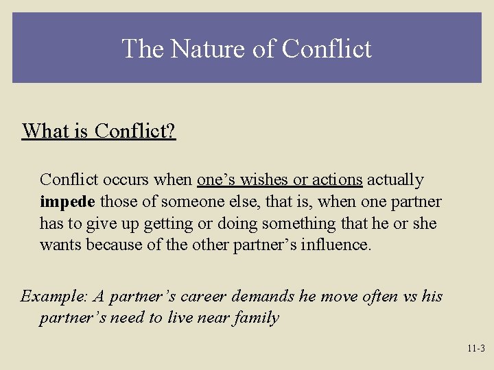 The Nature of Conflict What is Conflict? Conflict occurs when one’s wishes or actions