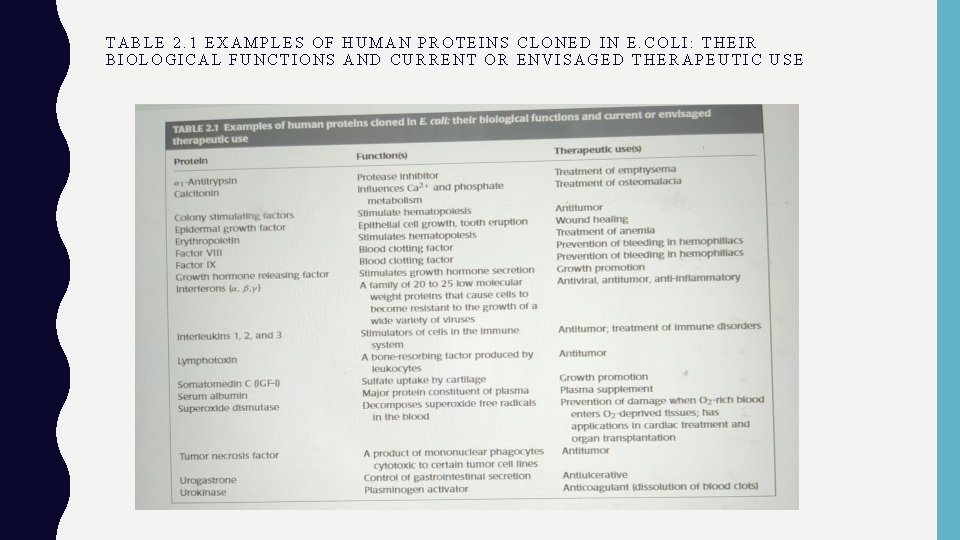 TABLE 2. 1 EXAMPLES OF HUMAN PROTEINS CLONED IN E. COLI: THEIR BIOLOGICAL FUNCTIONS