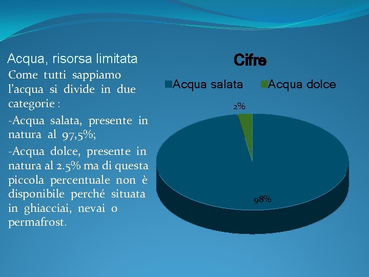 Acqua, risorsa limitata Come tutti sappiamo l’acqua si divide in due categorie : -Acqua