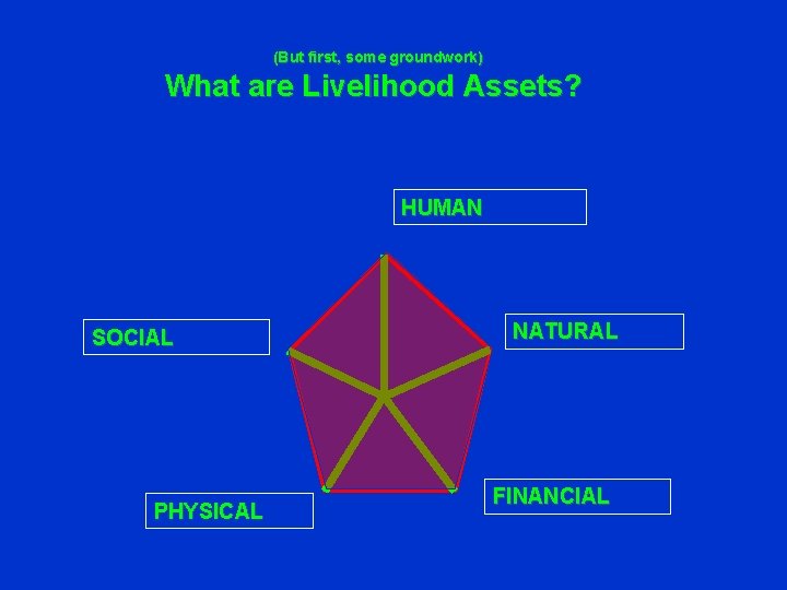 (But first, some groundwork) What are Livelihood Assets? HUMAN SOCIAL PHYSICAL NATURAL FINANCIAL 