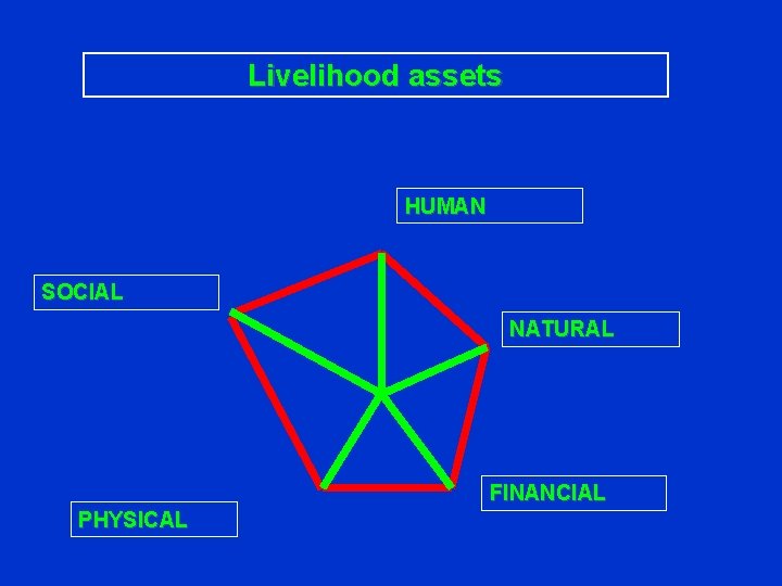 Livelihood assets HUMAN SOCIAL NATURAL FINANCIAL PHYSICAL 