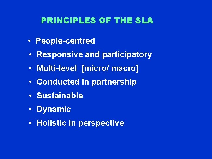 PRINCIPLES OF THE SLA • People-centred • Responsive and participatory • Multi-level [micro/ macro]