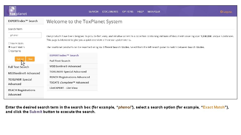 Enter the desired search term in the search box (for example, “phenol”), select a