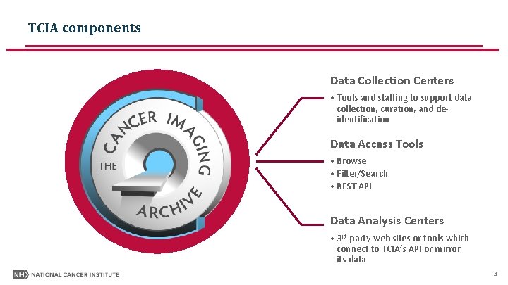 TCIA components Data Collection Centers The Cancer Imaging Archive • Tools and staffing to TCIA components Data Collection Centers The Cancer Imaging Archive • Tools and staffing to
