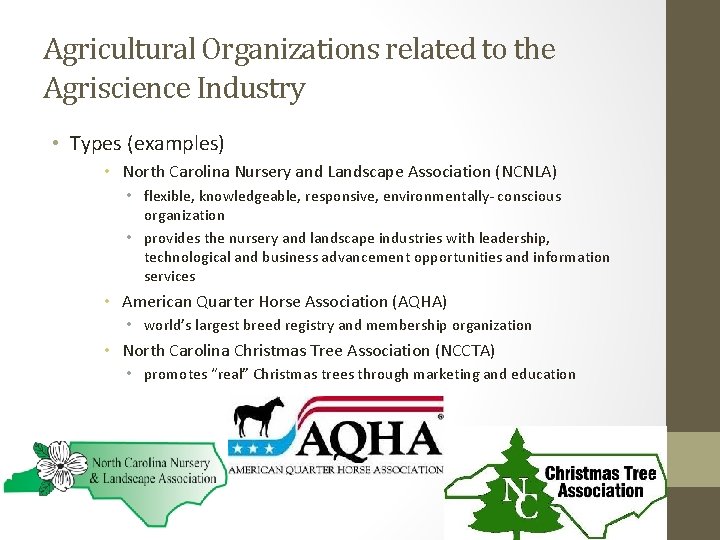 Agricultural Organizations related to the Agriscience Industry • Types (examples) • North Carolina Nursery