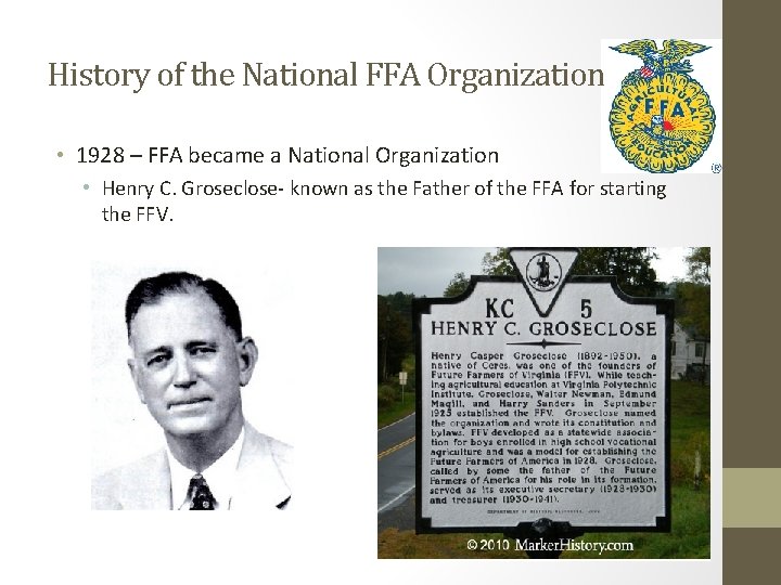 History of the National FFA Organization • 1928 – FFA became a National Organization History of the National FFA Organization • 1928 – FFA became a National Organization
