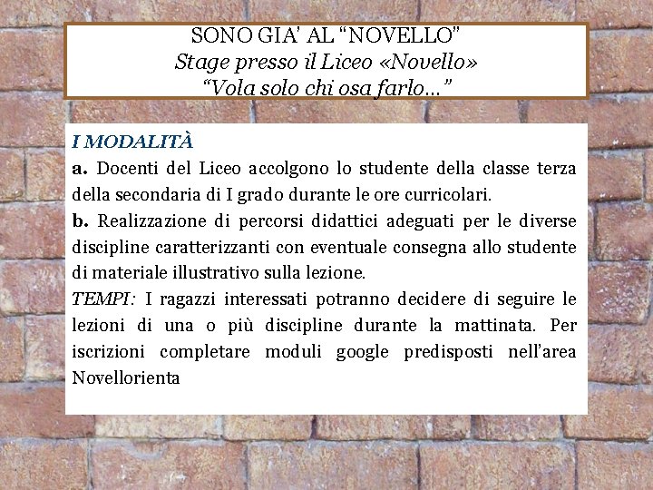 SONO GIA’ AL “NOVELLO” Stage presso il Liceo «Novello» “Vola solo chi osa farlo…”