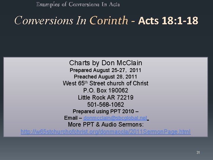 Examples of Conversions In Acts Conversions In Corinth - Acts 18: 1 -18 Charts