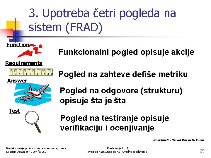 3. Upotreba četri pogleda na sistem (FRAD) Function Funkcionalni pogled opisuje akcije Requirements Answer