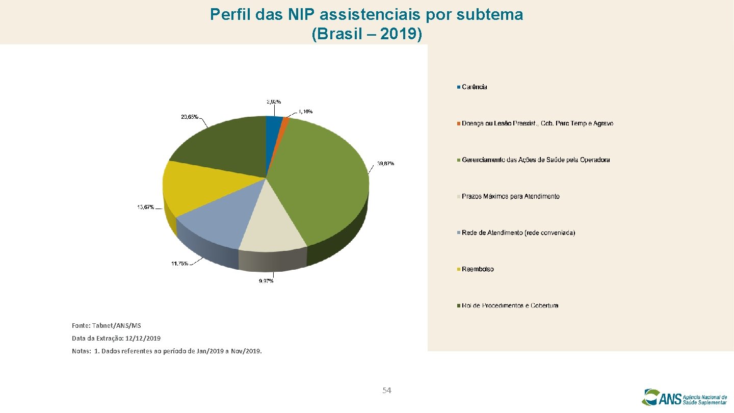 Perfil das NIP assistenciais por subtema (Brasil – 2019) Fonte: Tabnet/ANS/MS Data da Extração:
