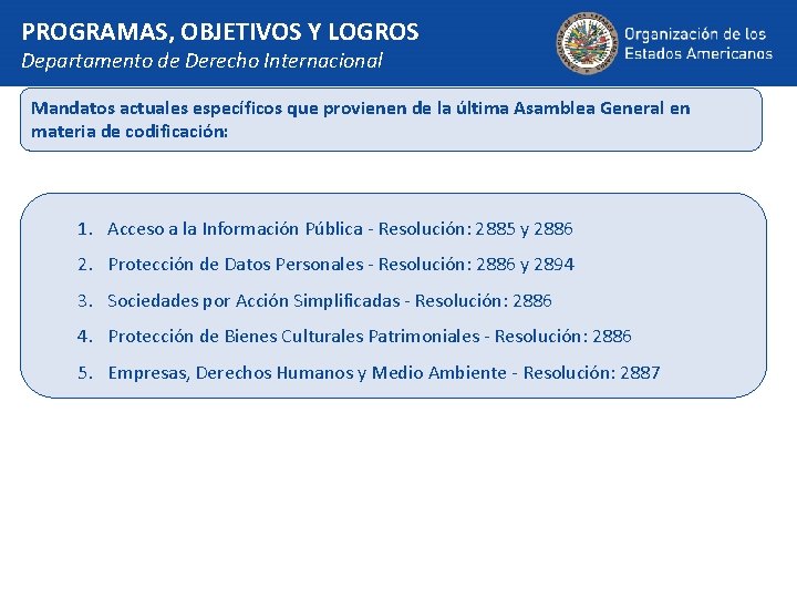 PROGRAMAS, OBJETIVOS Y LOGROS Departamento de Derecho Internacional Mandatos actuales específicos que provienen de