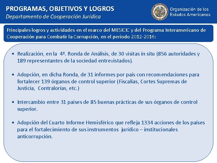 PROGRAMAS, OBJETIVOS Y LOGROS Departamento de Cooperación Jurídica Principales logros y actividades en el