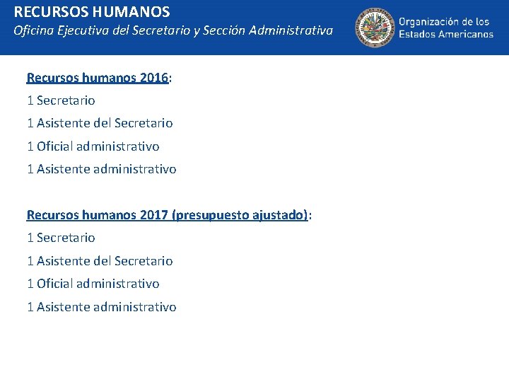 RECURSOS HUMANOS Oficina Ejecutiva del Secretario y Sección Administrativa Recursos humanos 2016: 1 Secretario