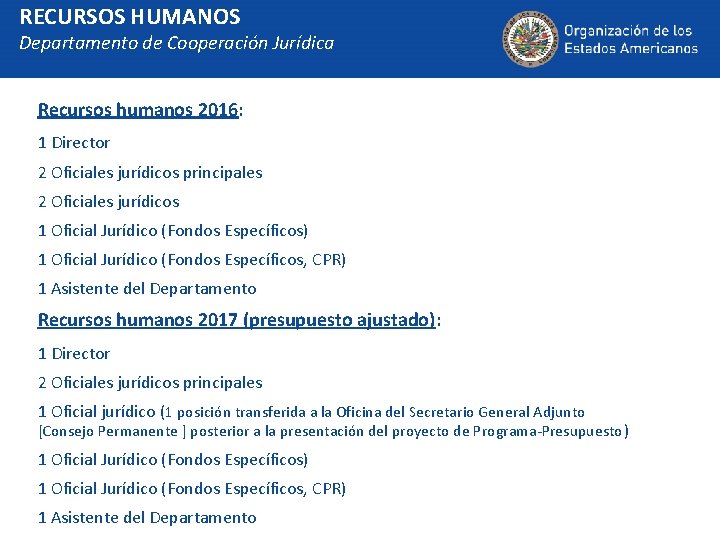 RECURSOS HUMANOS Departamento de Cooperación Jurídica Recursos humanos 2016: 1 Director 2 Oficiales jurídicos