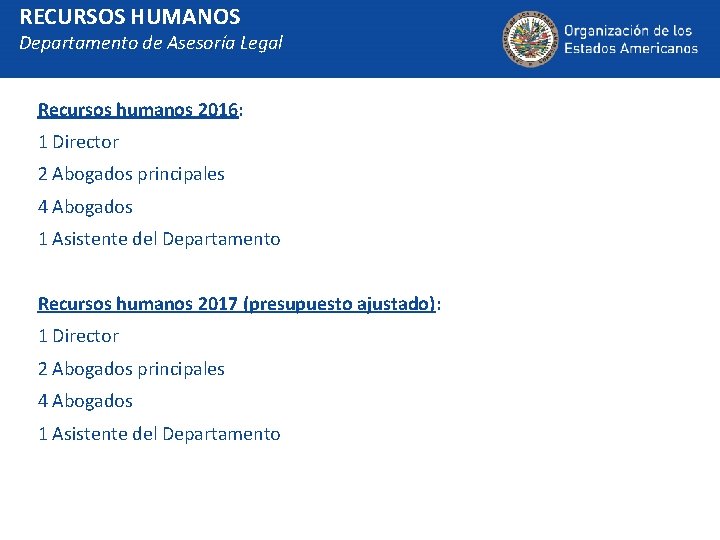 RECURSOS HUMANOS Departamento de Asesoría Legal Recursos humanos 2016: 1 Director 2 Abogados principales