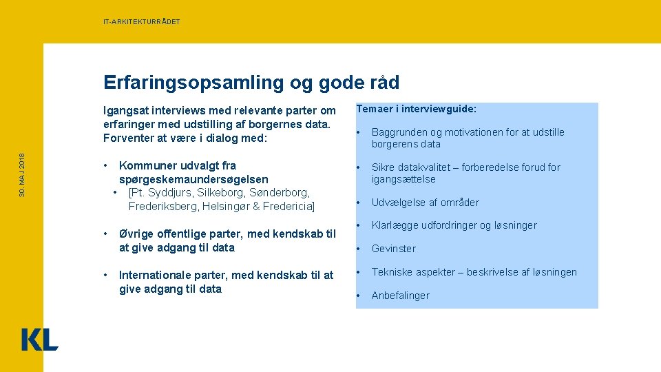 IT-ARKITEKTURRÅDET 30. MAJ 2018 Erfaringsopsamling og gode råd Igangsat interviews med relevante parter om