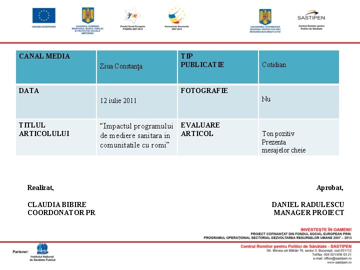 CANAL MEDIA Ziua Constanța DATA TIP PUBLICATIE FOTOGRAFIE 12 iulie 2011 TITLUL ARTICOLULUI Realizat,